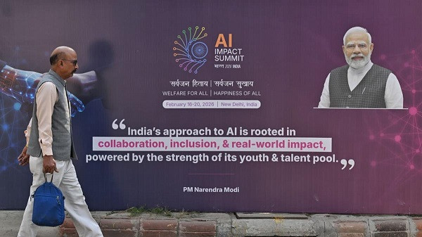 A banner of AI-Summit in New Delhi on February 16, 2026