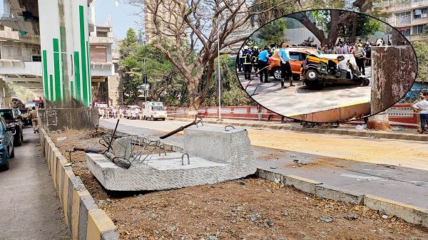 The slab that fell; (inset) Damaged vehicles