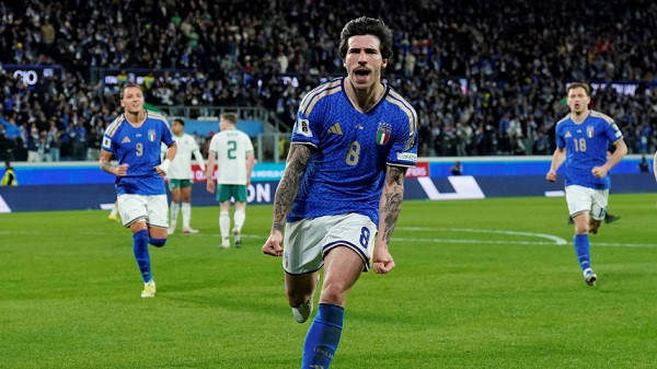 Italy's Sandro Tonali celebrates scoring their first goal