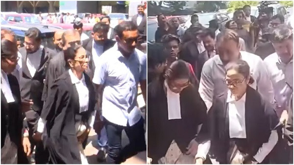 Mamata in lawyer's attire outside the Calcutta High Court