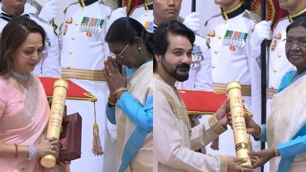 Prosenjit receives the Padma Shri; Hema accepts the posthumous honor on behalf of Dharmendra