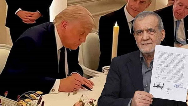 US President Trump signing the agreement, Iranian President Masoud Pezeshkian holding the agreement